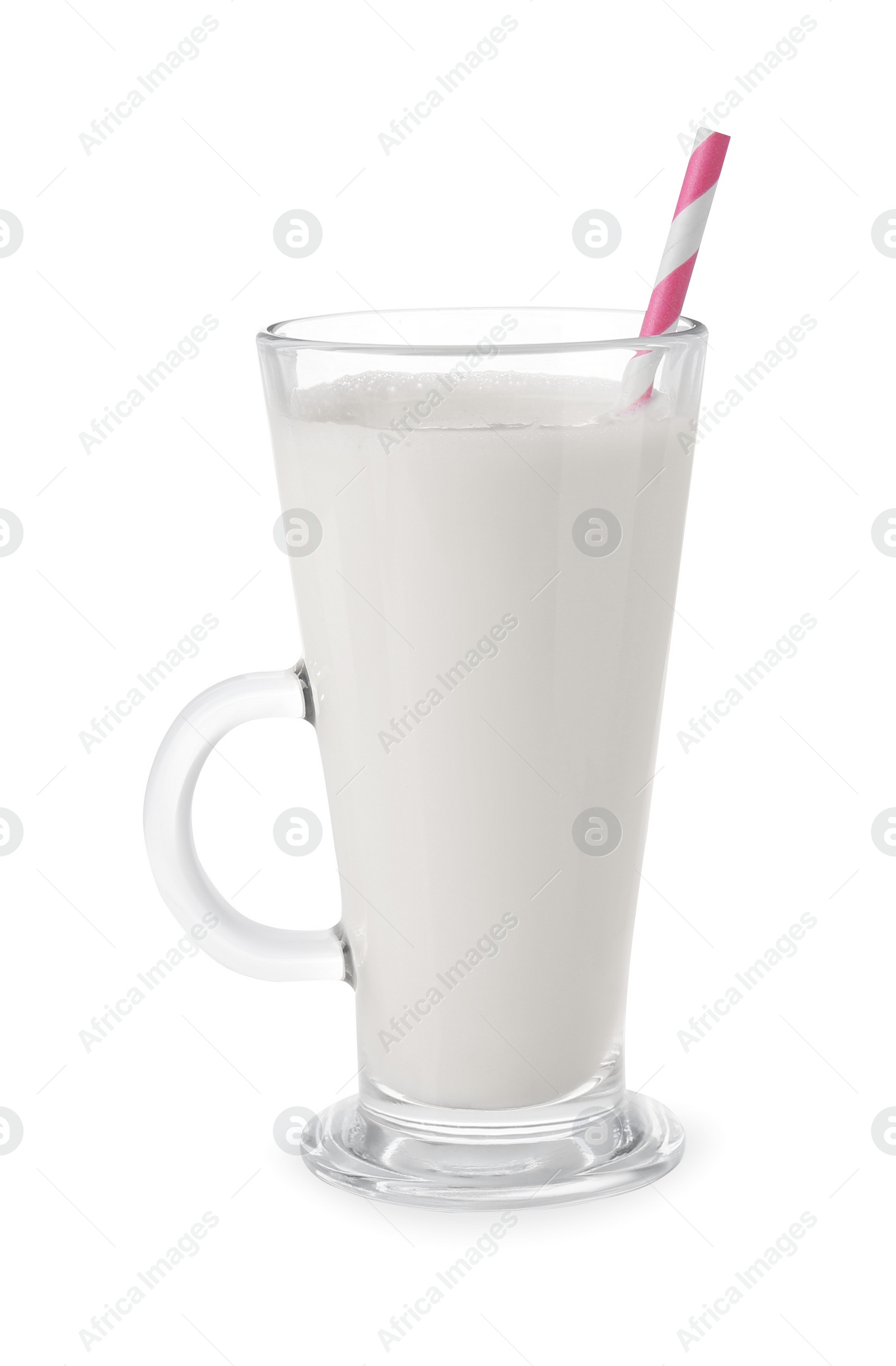 Photo of Glass of fresh milk with straw isolated on white