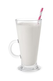 Photo of Glass of fresh milk with straw isolated on white