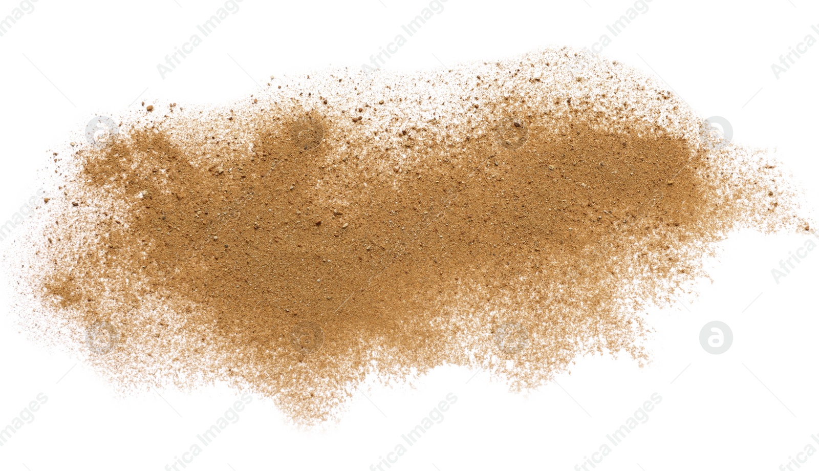 Photo of Pile of brown dust scattered on white background, top view