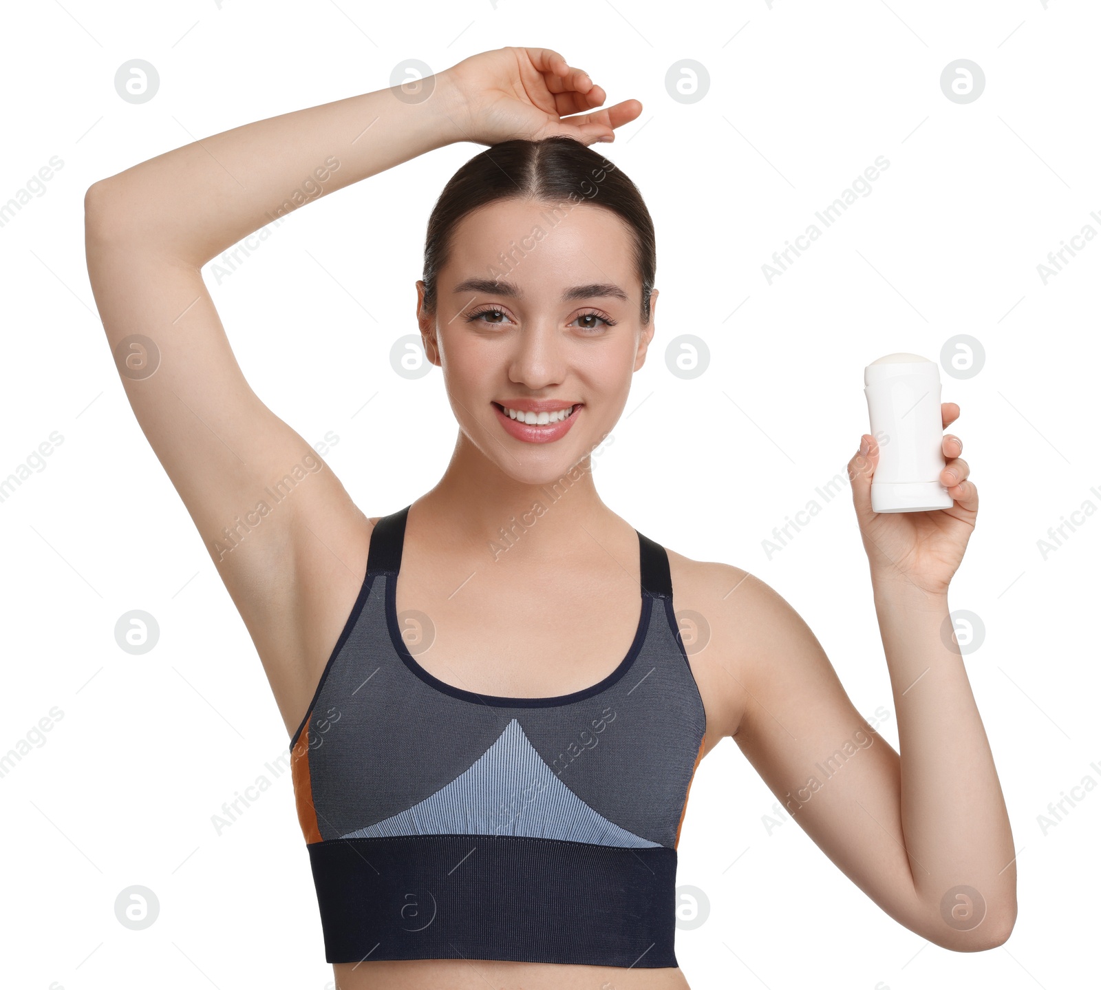 Photo of Beautiful woman applying deodorant on white background