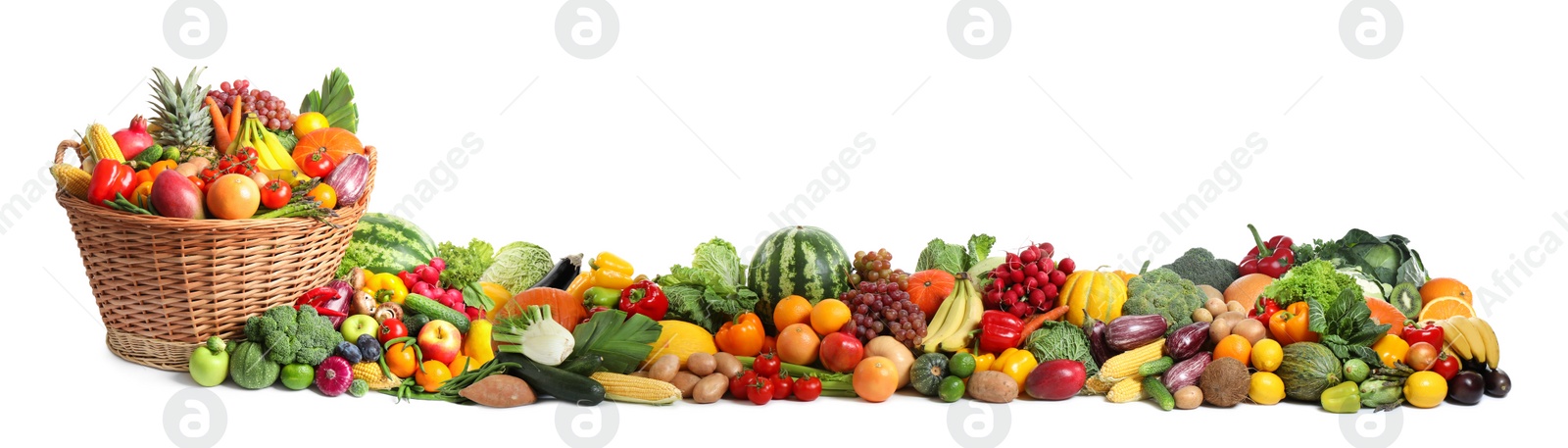 Image of Collection of fresh organic vegetables and fruits on white background. Banner design 