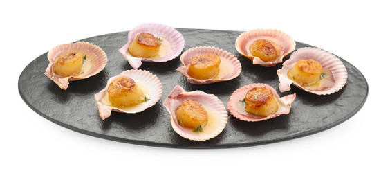 Photo of Delicious fried scallops in shells isolated on white