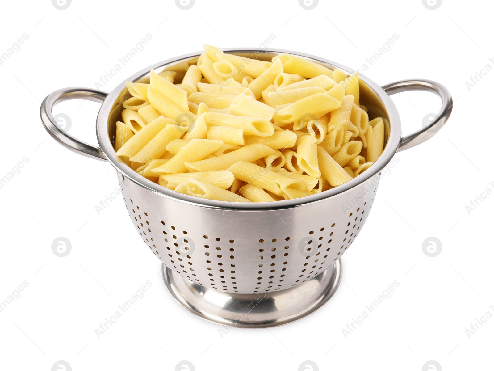 Photo of Cooked pasta in metal colander isolated on white