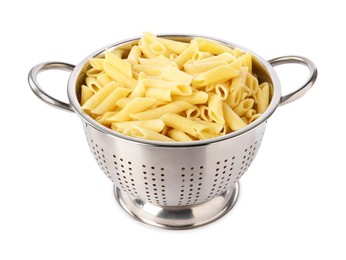 Photo of Cooked pasta in metal colander isolated on white