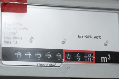 Photo of Electric meter as background, closeup. Gas measuring device