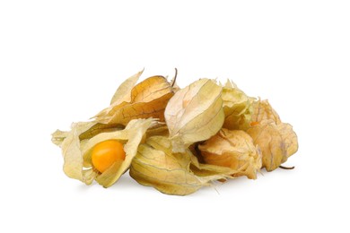 Many ripe physalis fruits with calyxes isolated on white