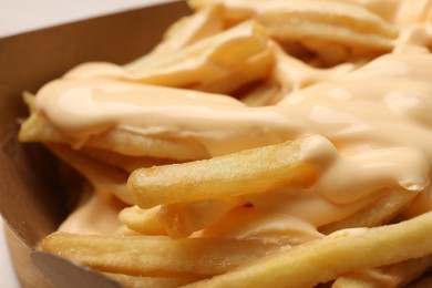 Photo of Tasty potato fries and cheese sauce in paper container, closeup