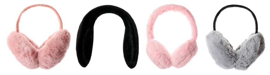 Stylish warm earmuffs on white background, collage. Banner design