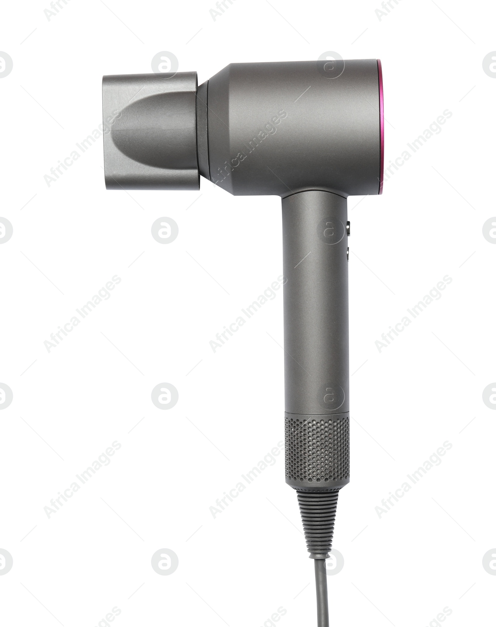 Photo of Modern hair dryer on white background, top view