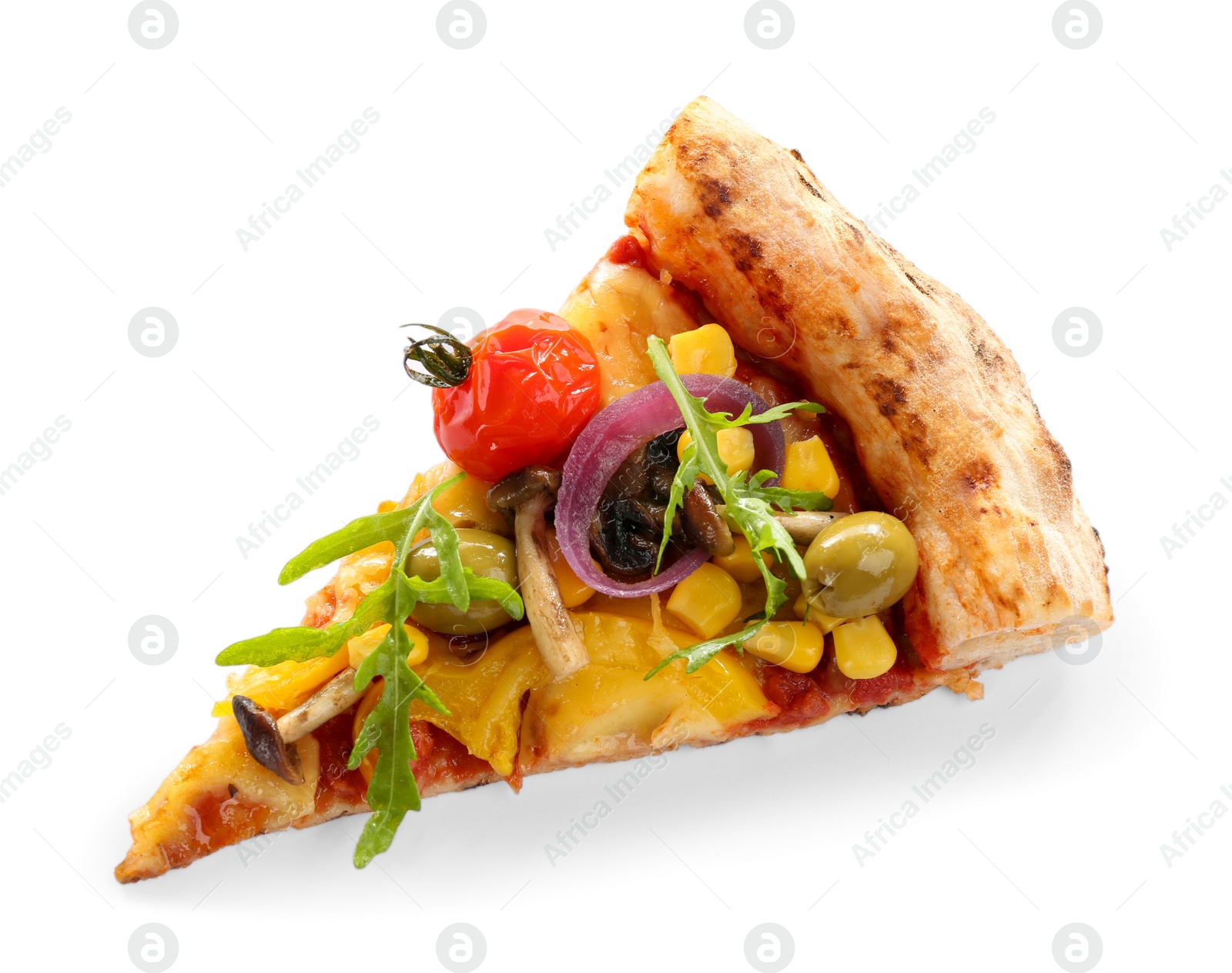 Photo of Slice of tasty vegetable pizza isolated on white, top view