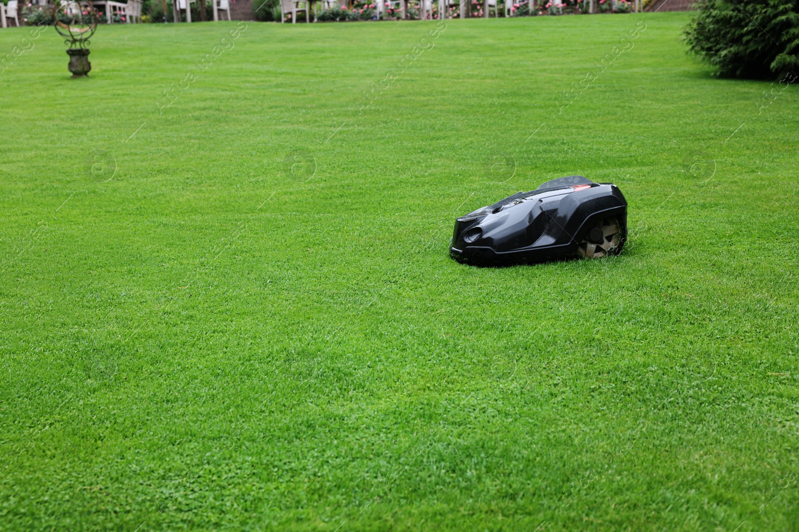 Photo of Modern lawn mower on green grass outdoors. Space for text