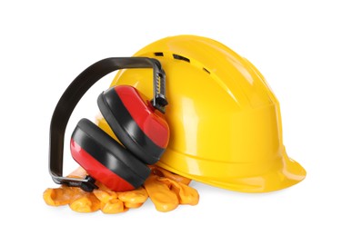 Photo of Hard hat, earmuffs and gloves isolated on white. Safety equipment