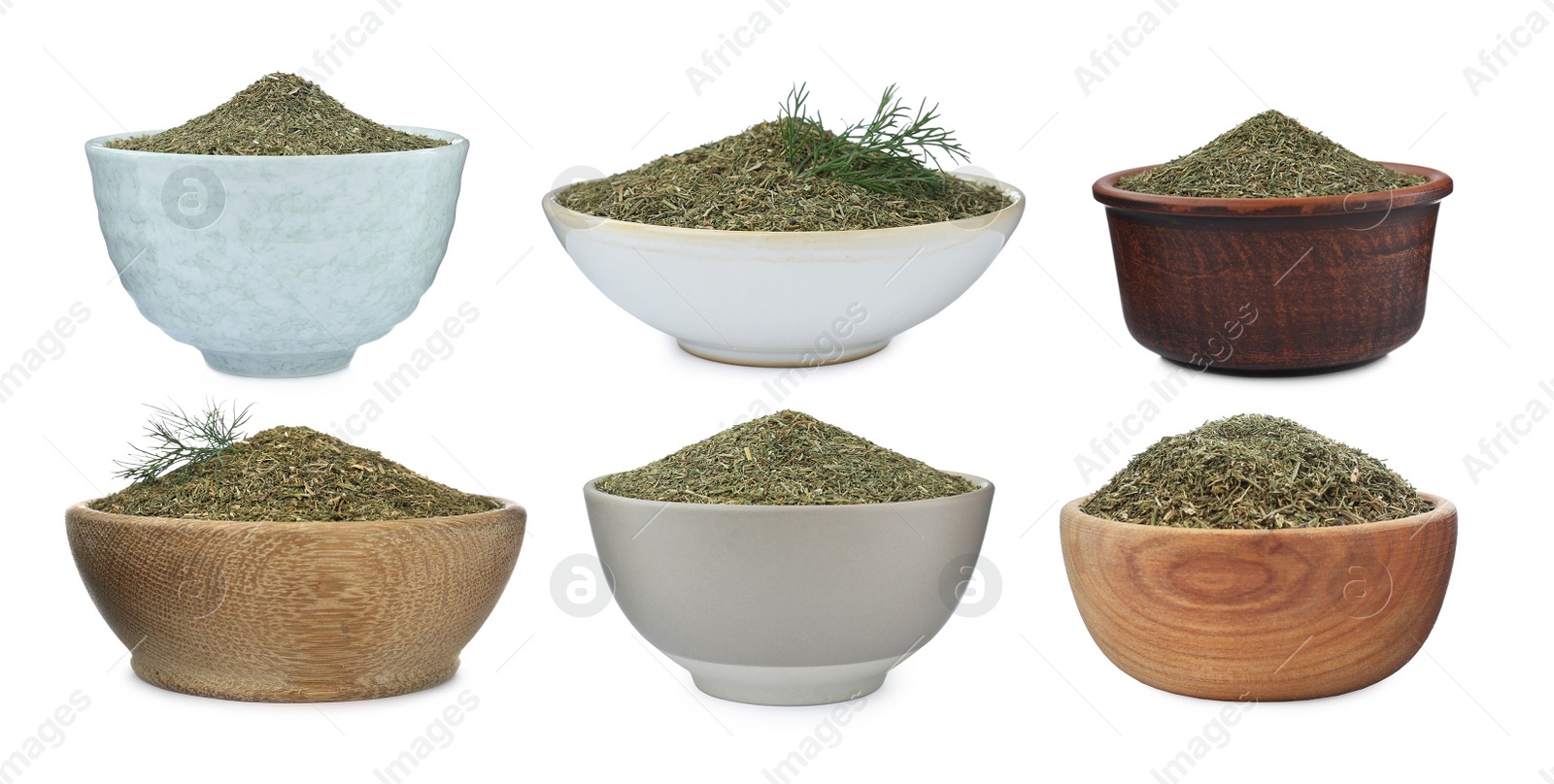 Image of Set with bowls of dry dill on white background. Banner design