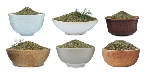 Set with bowls of dry dill on white background. Banner design