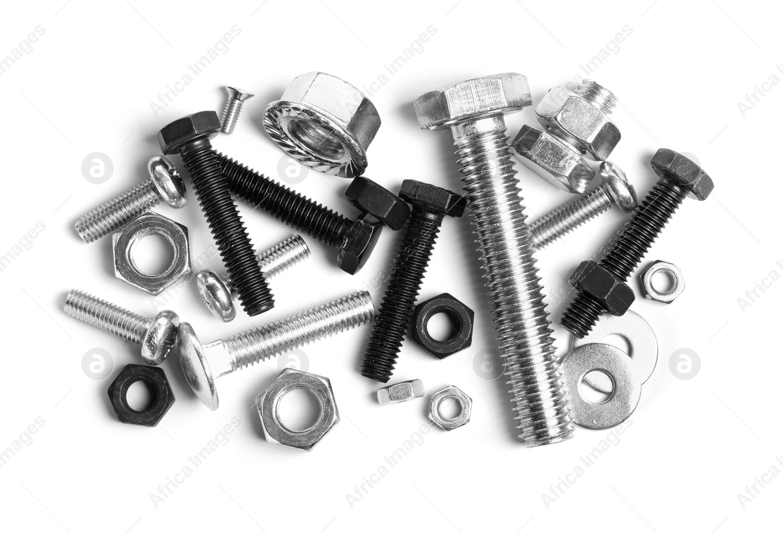 Photo of Different metal bolts and nuts on white background, top view