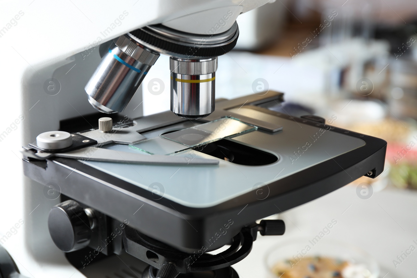 Photo of Modern microscope in laboratory, closeup. Phytopathological analysis