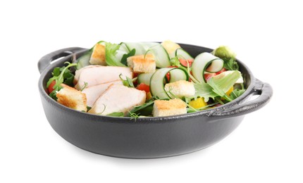 Photo of Delicious salad with croutons, chicken and vegetables isolated on white