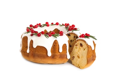 Photo of Traditional homemade Christmas cake on white background