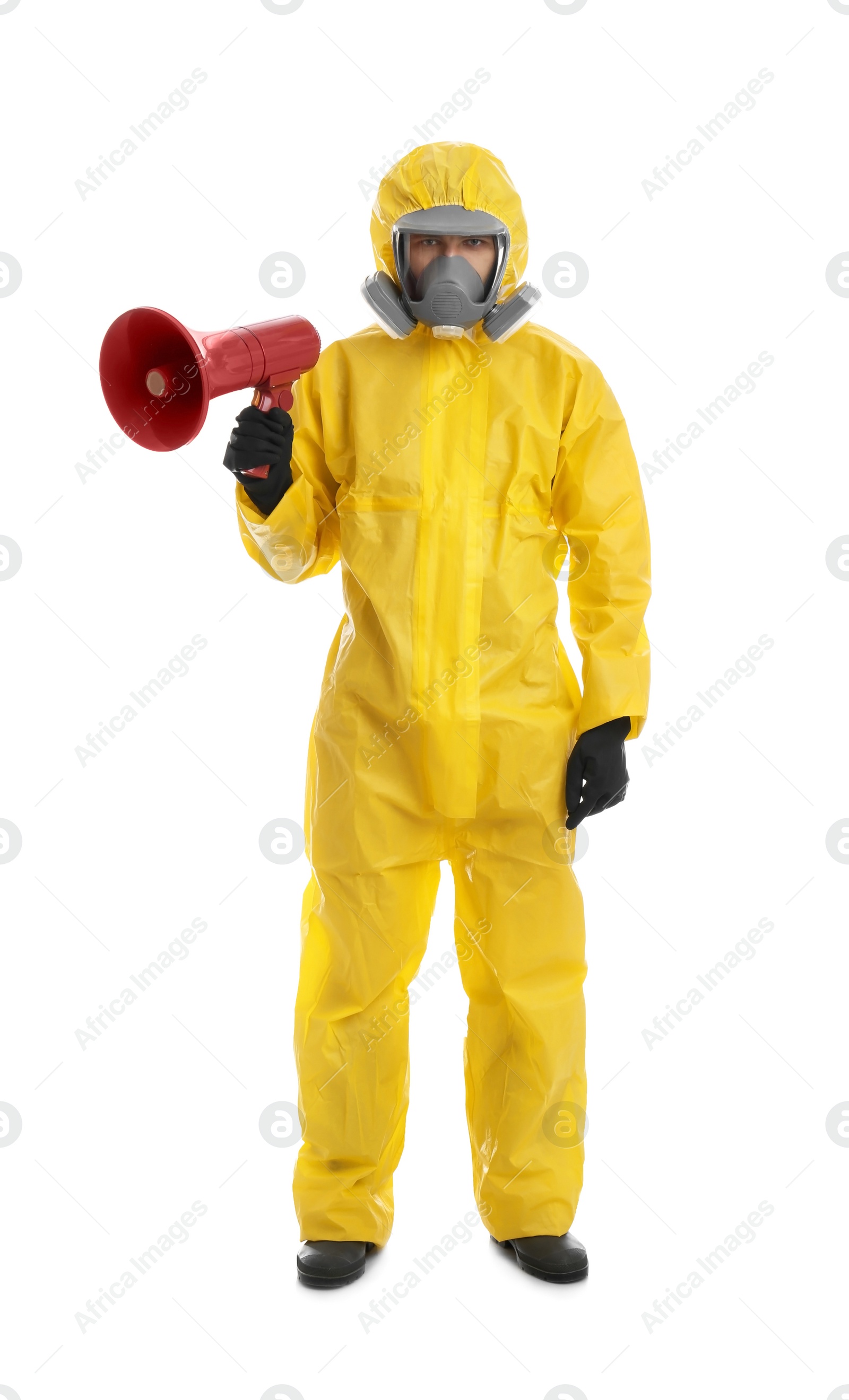 Photo of Man wearing chemical protective suit with megaphone on white background. Prevention of virus spread