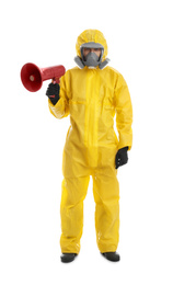 Photo of Man wearing chemical protective suit with megaphone on white background. Prevention of virus spread