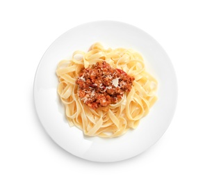 Photo of Plate with delicious pasta bolognese on white background, top view