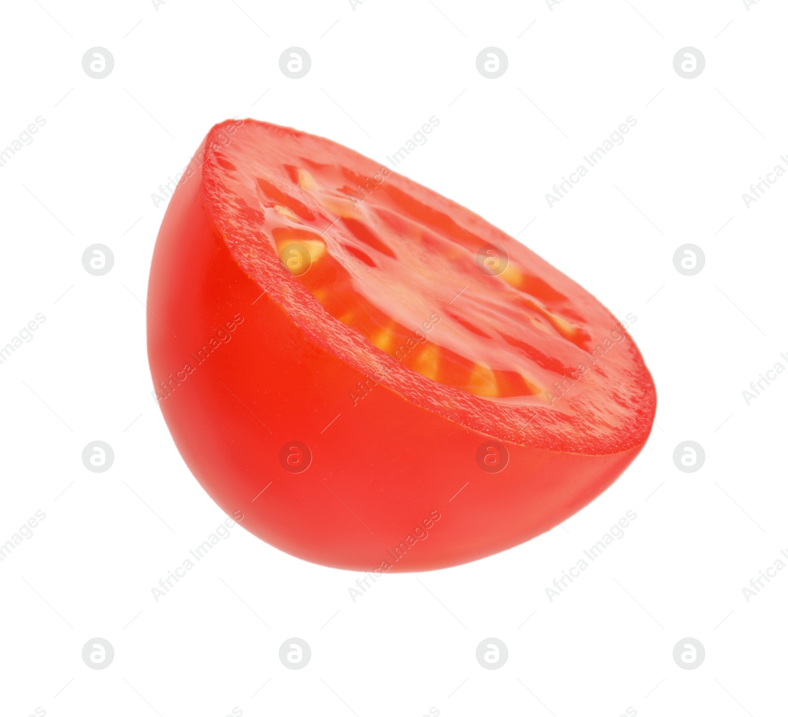 Photo of Half of ripe cherry tomato isolated on white