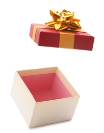 Photo of Open empty gift box with bow on white background