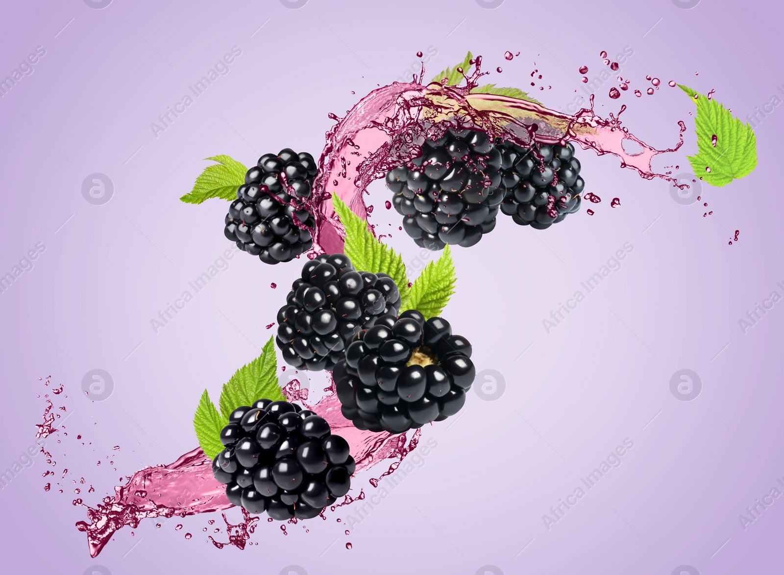 Image of Fresh blackberries and juice in air on violet background