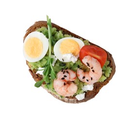 Delicious sandwich with guacamole, shrimps and eggs on white background, top view