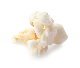 Delicious salty popcorn on white background