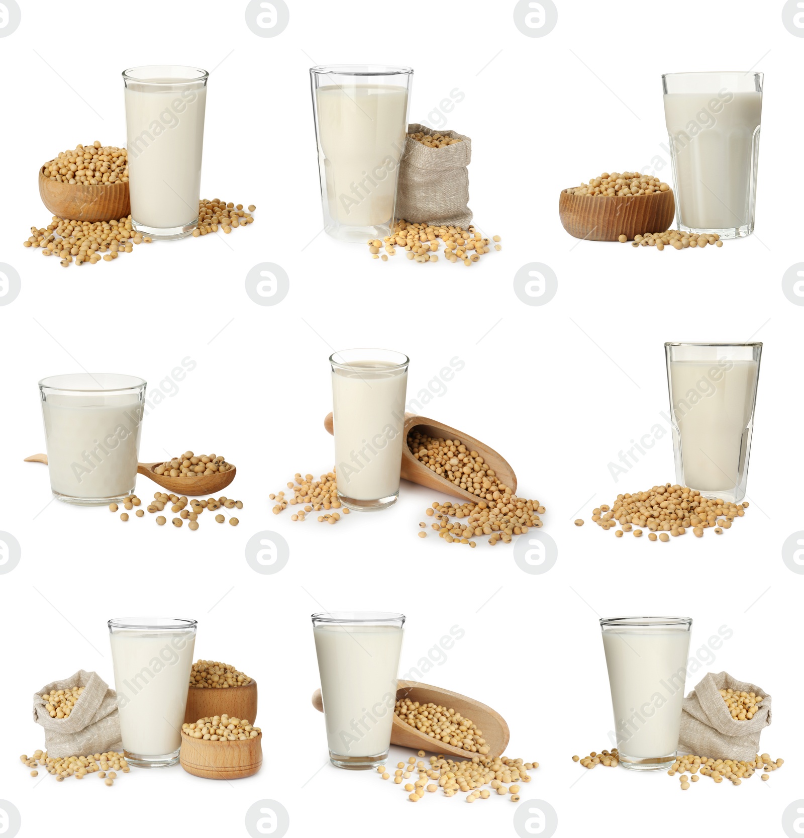 Image of Set with natural soy milk and beans on white background