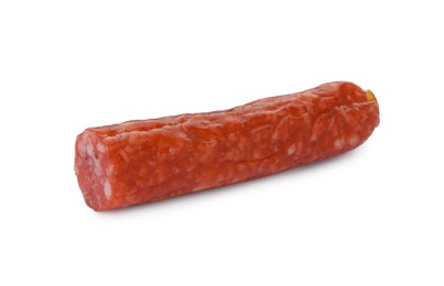 Piece of thin dry smoked sausage isolated on white