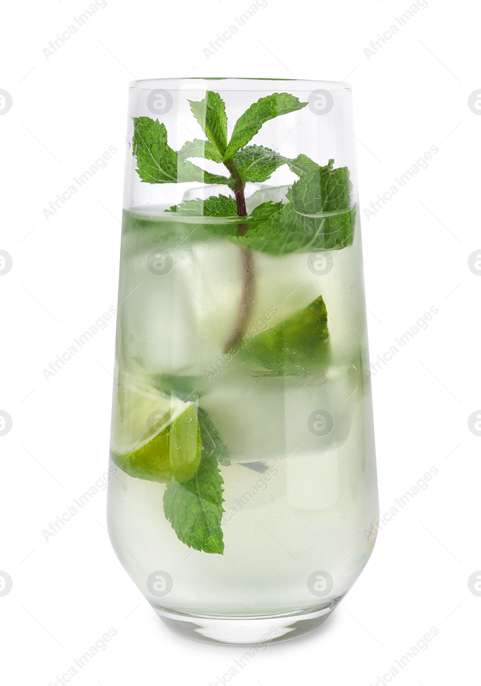Photo of Glass of refreshing drink with lime slices and mint on white background