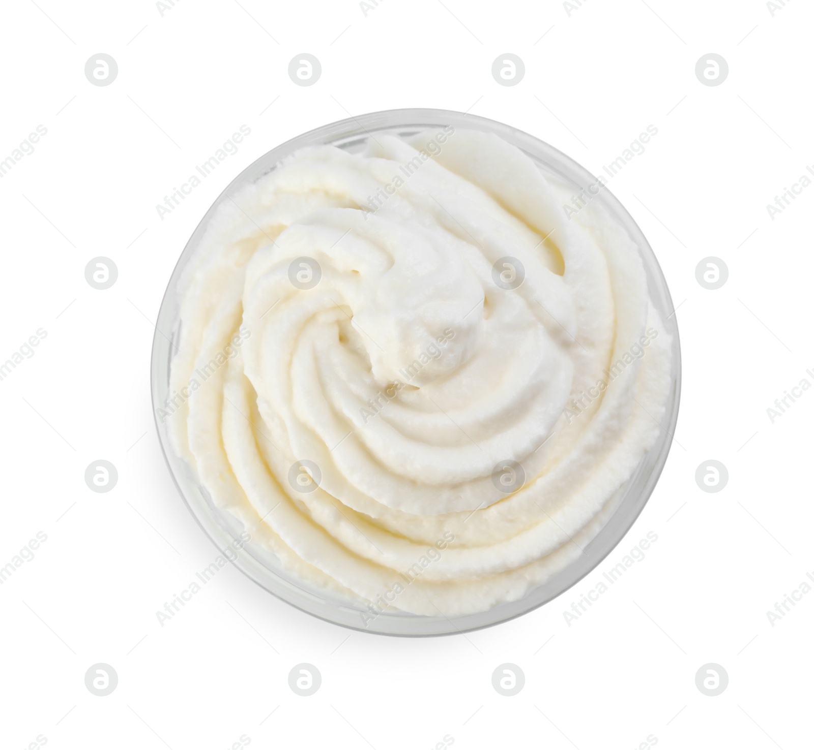 Photo of Delicious whipped cream isolated on white, top view