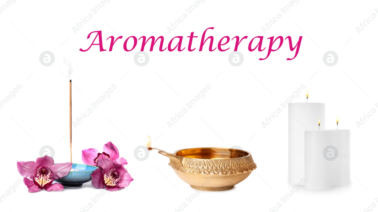 Image of Smoldering incense stick, clay lamp and candles on white background. Aromatherapy concept 