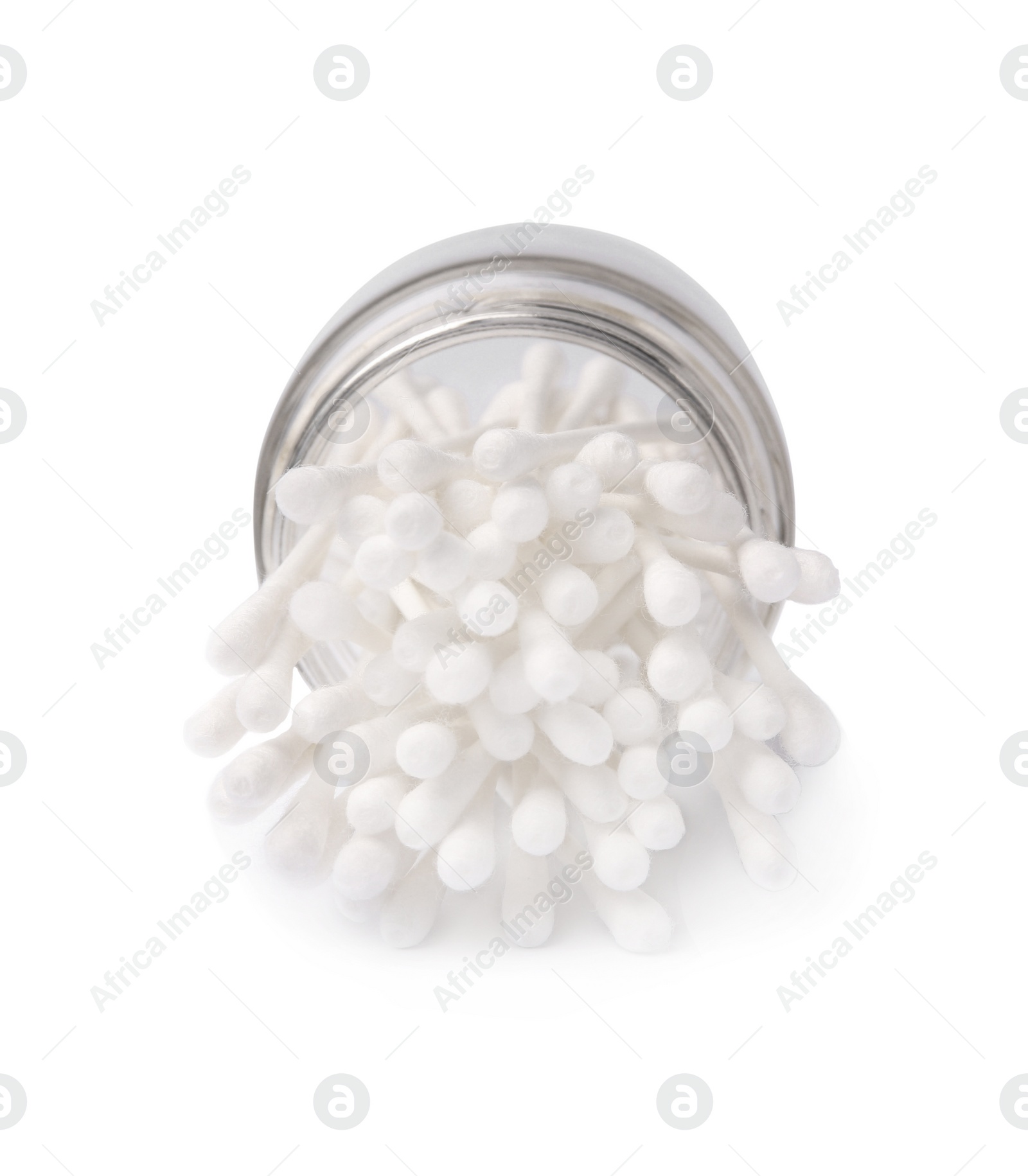 Photo of Glass jar with clean cotton buds isolated on white