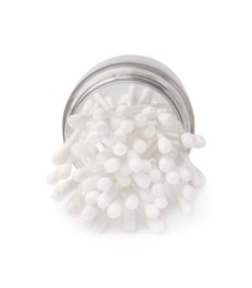 Glass jar with clean cotton buds isolated on white