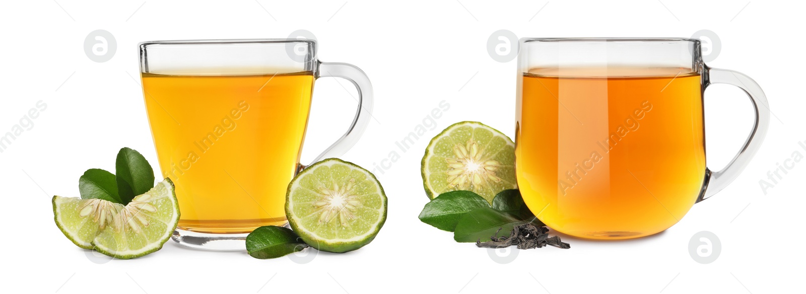 Image of Glass cups of bergamot tea and fresh fruits on white background, collage. Banner design