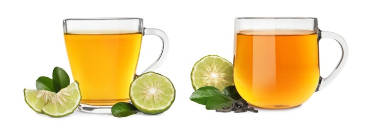 Image of Glass cups of bergamot tea and fresh fruits on white background, collage. Banner design