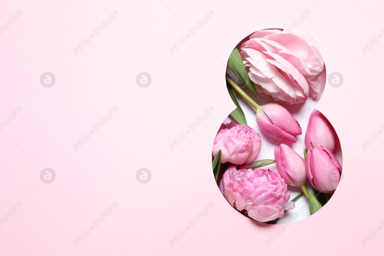 Photo of 8 March greeting card design with flowers and space for text, top view. Happy International Women's Day