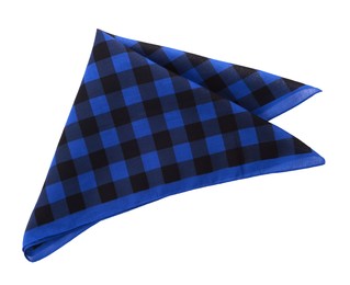 Photo of Folded blue bandana with check pattern isolated on white, top view