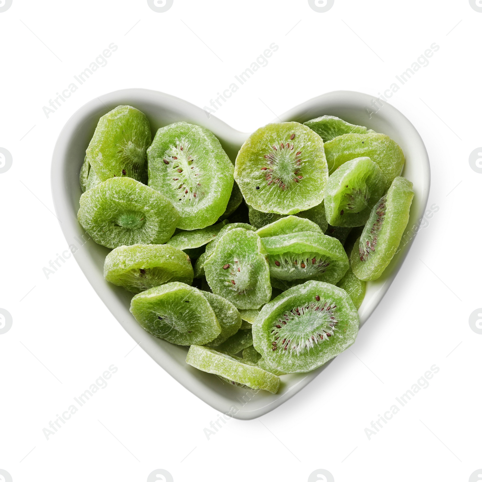 Photo of Bowl with slices of kiwi on white background, top view. Dried fruit as healthy food