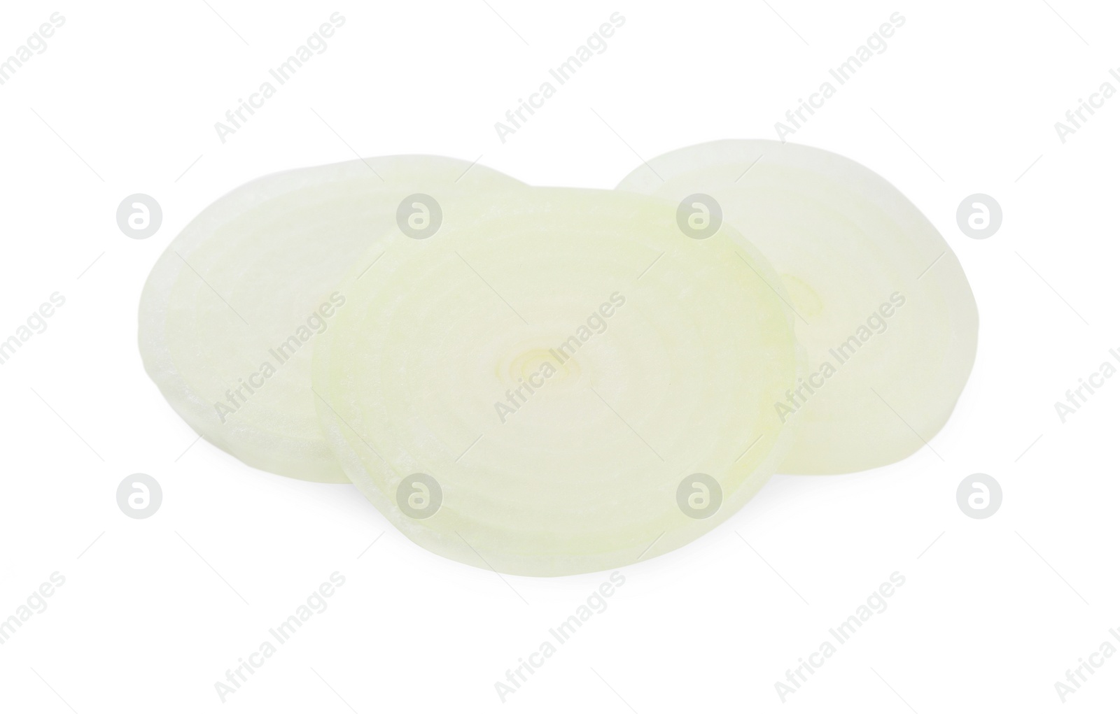 Photo of Slices of raw onion on white background