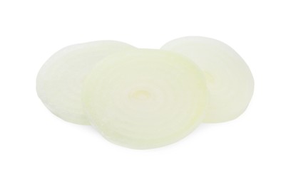 Slices of raw onion on white background