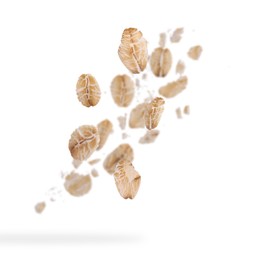 Image of Rolled oat flakes falling on white background