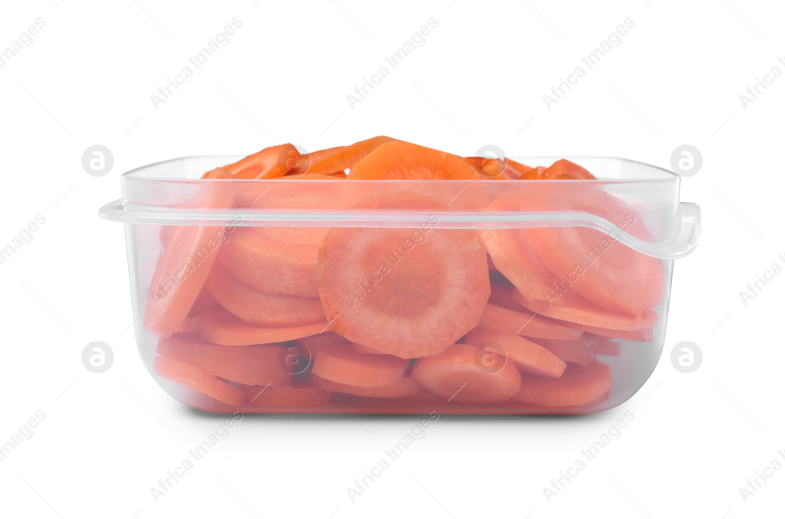 Photo of Fresh sliced carrots in plastic container isolated on white