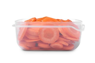 Fresh sliced carrots in plastic container isolated on white