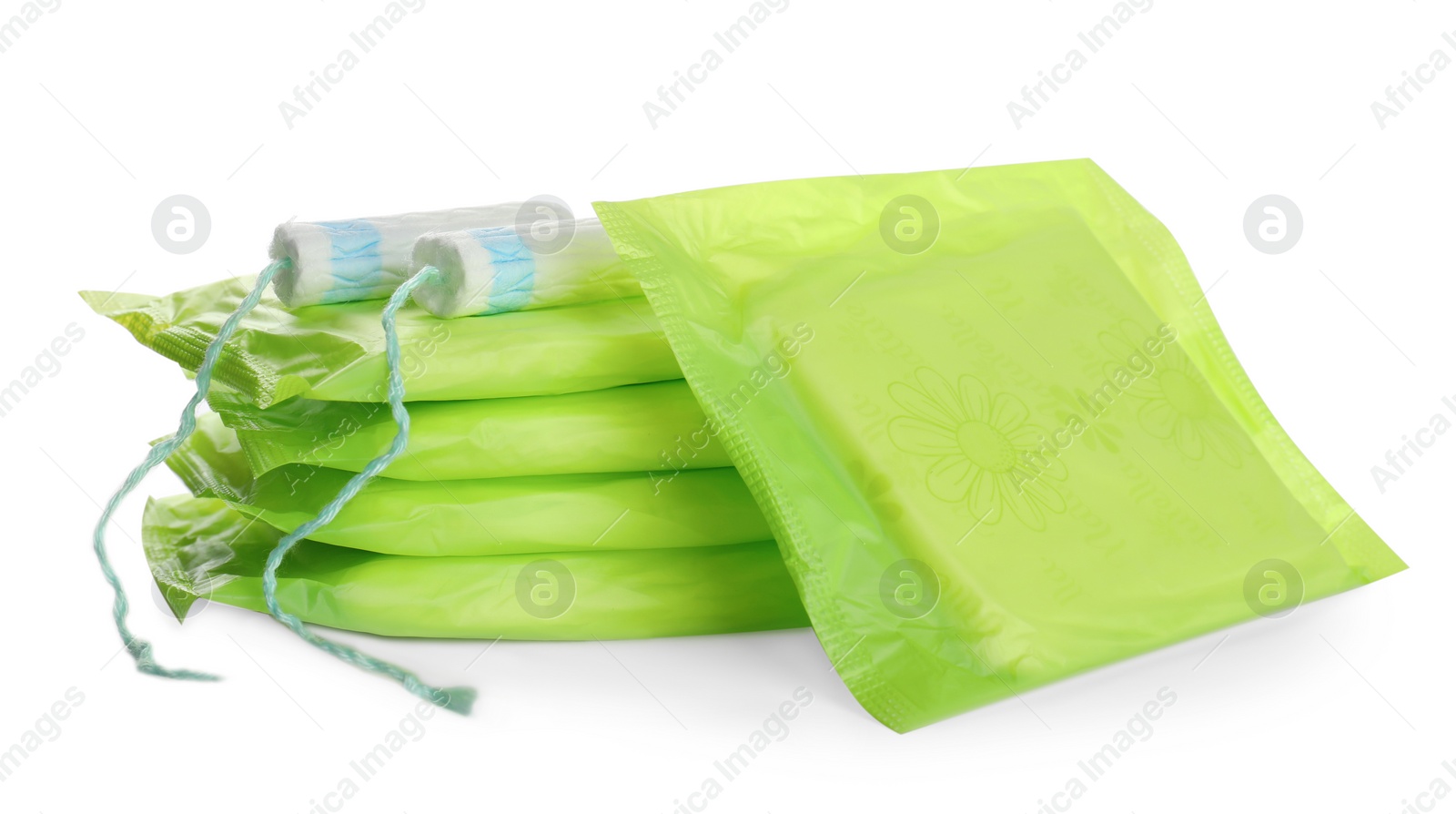 Photo of Menstrual pads and tampons on white background. Gynecological care