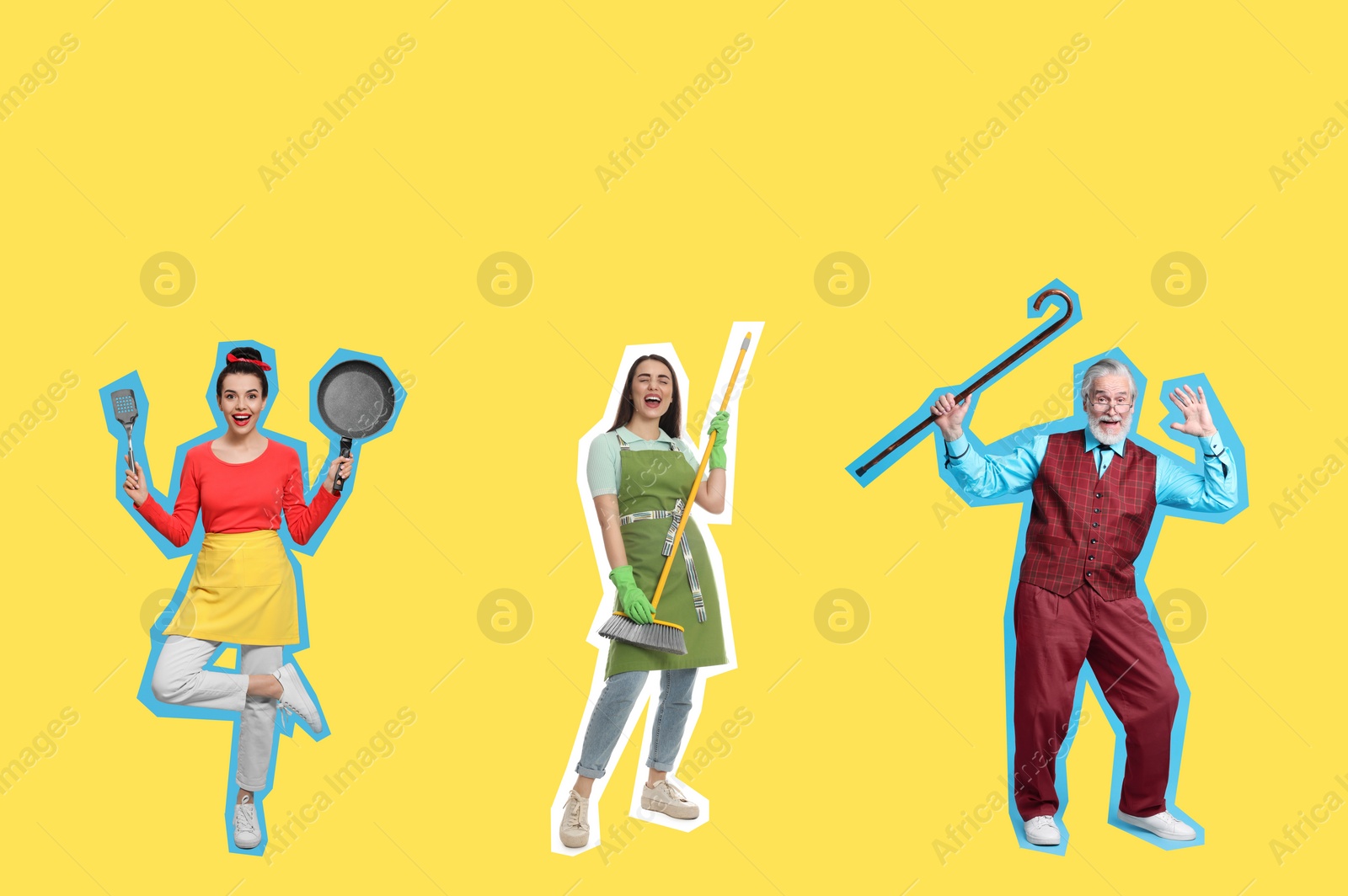 Image of Pop art poster. Happy women and man on yellow background