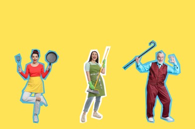 Pop art poster. Happy women and man on yellow background